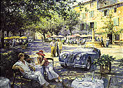 Cat Nap in Provence, Jaguar XK 140 Automobilkunst von Alan Fearnley