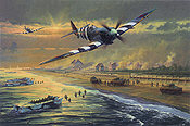 Juno Beach, Spitfire Luftfahrt-Kunstdruck von Anthony Saunders