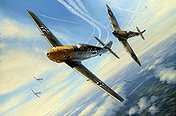 RLM Messerschmitt Me 109 JG 27 und RAF Spitfire Flugzeug-Kunstdruck von Mark Postlethwaite